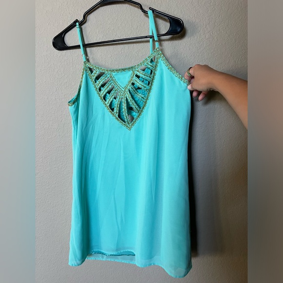 Mint Green Shift Dress w/Gold Bead Detail & Key Holes - Picture 2 of 4